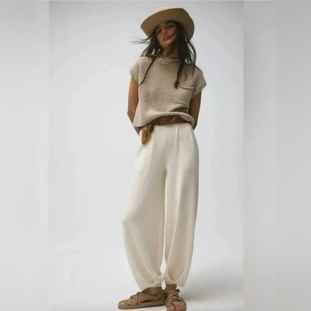 Free People Ivory High-Rise Relaxed Track Pants